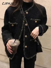 CJFHJE chaud laine Tweed veste manteaux femmes hiver Style coréen noir à manches longues vestes femme poches simple boutonnage vêtements d'extérieur 240301