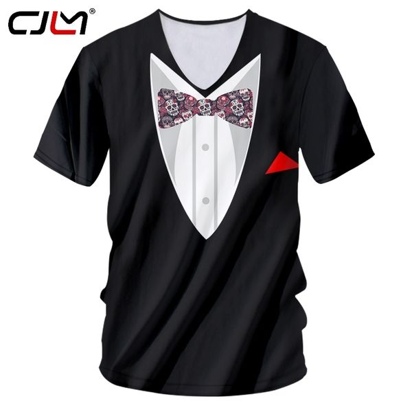 CJLM Tendencia Hombres V Cuello Camiseta Harajuku Impresión 3D Traje Cráneo Pajarita Tops Hombre Verano Calle Estilo Fresco Camiseta Patrón Personalizado 220619