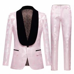 Cjunto de 2 piezas para hombre, traje de color rosa c solapa negra, traje de novio guapo, esmoquin boda, traje Formal ncios, Blazer, Pant x1yO#