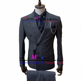 Cjunto de traje de double botadura para Hombre, traje de 2 piezas c solapa y muescas a rayas negras, Blazer trabajo ncios, Pantales X9LQ #