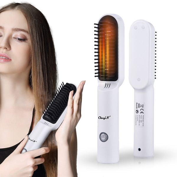 CkeyiN Professionnel Lisseur Peigne Électrique Sans Fil Lissage Barbe Brosse Hommes Salon Outil De Coiffure USB Rechargeable 220211