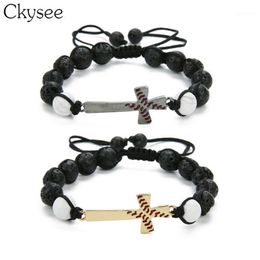 Ckysee Handgemaakte Gevlochten Macrame Zwarte Lave Steen Kralen Armband Honkbal Kruis Armband Christelijke Sieraden Voor Vrouwen En Mannen 1270p