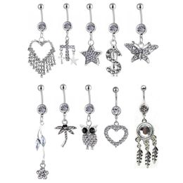 CL10-001 Belly Navel Button Ring Mix 10 Styles Aqua.Colors 10 PCS Dream Owl Heart Dragonfly