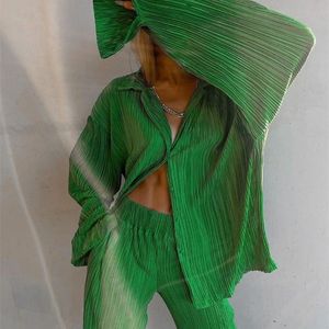 Clacive décontracté haut Wasit pantalon ensemble femmes automne chemisiers à manches longues correspondant pantalon large costume vert plissé 2 pièces pantalon 220315