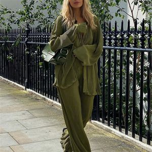 Clacive Elegante Groene Broek Set Vrouwen Herfst Lange Mouw Blouses Bijpassende Brede Broek Pak Losse Shirts Tweedelige Broek Set 220621