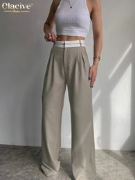 Pantalones de oficina de gris suelto clacive elegante pantalones femeninos de cintura alta de cintura alta