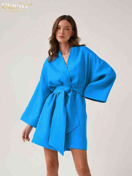 Clacive Mode Bleu Robe Femme 2022 Automne Vintage Manches Longues À Lacets Mini Robes Élégant Chic Classique Coton Femme Robe T220804