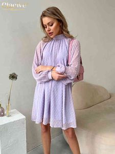 Clacive Mode Lâche Col Montant Robe D'été Pour Femmes Élégant Violet À Manches Longues Mini Robe Casual Chic Bureau Robes Féminines T220804