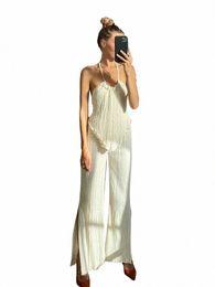 Clacive Sexy Halter Backl Tank Top Set Mujer 2 piezas Bodyc Beige Pantalones plisados Conjunto Mujer Elegante Flaco Hendidura Trajes de pantalón f9fK #