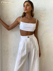 Clacive sexy mouwloze crop top Top Tweet set vrouwen zomer bodycon wit linnen broek pakken dame elegante hoge taille broek set 220511