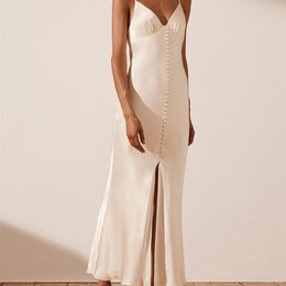 Clacive Sexy Vneck -riem satijnen midi -jurken mode mouwloze backless damesjurk vintage solide knoppen feestgewaad longue 220704