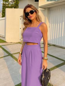 Clacive Summer Purple Brede broek Pakken Women Fashion High Wiast Office Pants Set Elegante mouwloze Crop Top Two Piece Set 220511