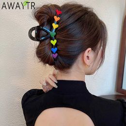 Pinces Awaytr New Women Rainbow Love Large Hair Claw Cliw Clip Elegant Pony Pony Hair Crab Clip Clip Epin Clips Hair Accessoires Y240425