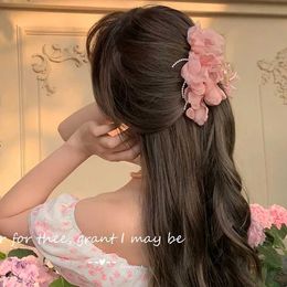 Klemt nieuwe grote chiffon klauw clip haar boog groot formaat zwarte stof lint bloem roze klauw kaak klemmen clips accessoires voor vrouwen y240425