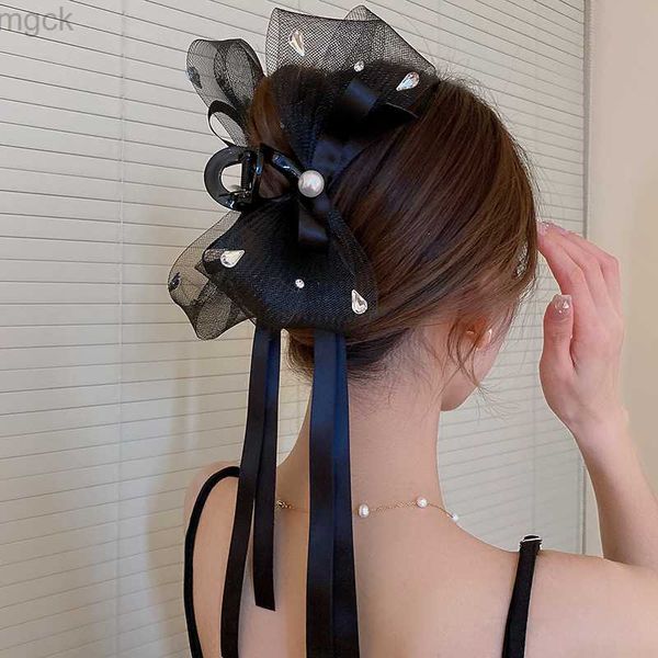 Crampes Sweet Mesh Tulle Pildels Big Bow Hair Hair Claw Clips Fomen Femmes Elegant Black Bowknot Ponytail Clip Hair Clamp Headress accessoires