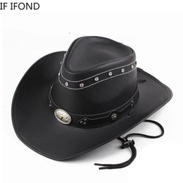 Sombrero de vaquero occidental de cuero de 100% clásico para hombres Caballero Papá Padrino Gorras Panamá Vaquera Jazz Sombreros Sombrero Hombre 240221