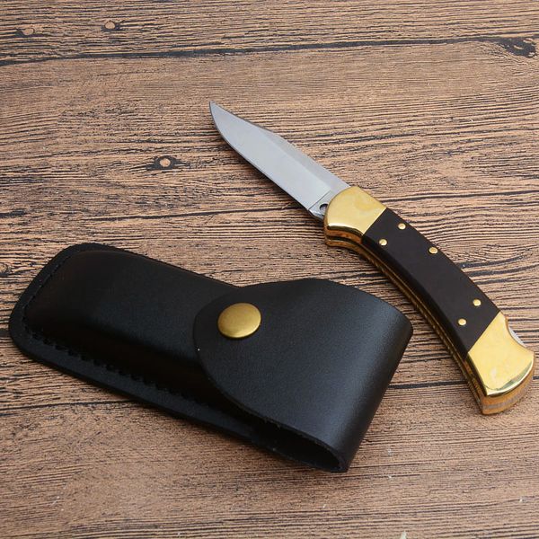 Cuchillo plegable táctico automático clásico 112, hoja satinada 440C, mango de cabeza de ébano/latón, Navajas de bolsillo EDC con Funda de cuero