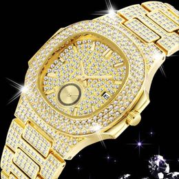 Classic 18K Gold Watch Men Luxury Iced Out Full Diamond Mens Watchs Full Steel Fashion Quartz Watch Man CZ Hip Hop Reloj Hombre 221T