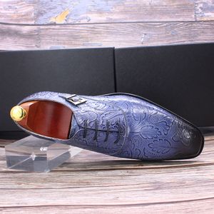 Classic 2022 Men Oxford Dress Shoes Real Leather Flower Print Cap Toe Lace Up Buckle Blue Wedding Party Formal Footwear For Men