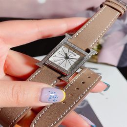 Klassieke 26mm Dames Quartz Horloge Heure Tweelaags Echt Leer Vierkante Digitale Wijzerplaat Horloge Voor Dame Zirkoon Saffier Clock1754