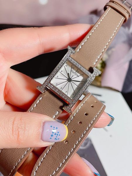 Reloj de cuarzo clásico de 26mm para mujer, reloj de pulsera con esfera Digital cuadrada de cuero genuino de dos capas para mujer, reloj de zafiro con circonita