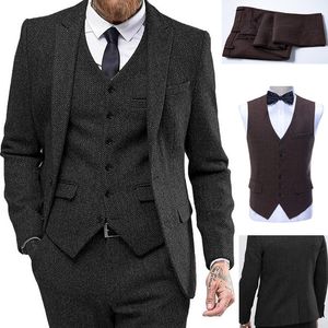 Klassiek 3-delig herenpak visgraat tweed piekrevers smoking (blazer + vest + broek) voor verzending