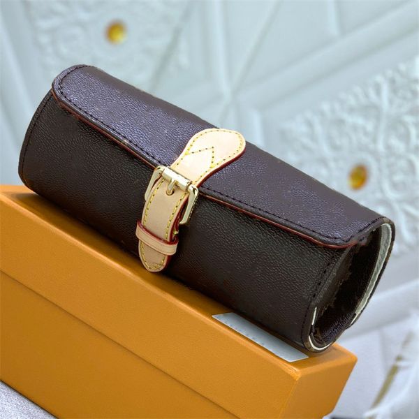 Clásico 3 Caja de reloj Caja Diseñador Flor Lienzo Caja de reloj Mujer Bolsa Relojes Accesorios de viaje Adornos de cuero Marrón Balck Gr312c