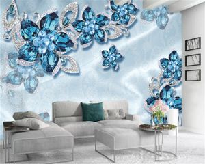 Classic 3D Wallpaper Lujoso Diamante Sapphire Flowers Decoración para el hogar Sala de estar Dormitorio Wallcovering HD Wallpaper