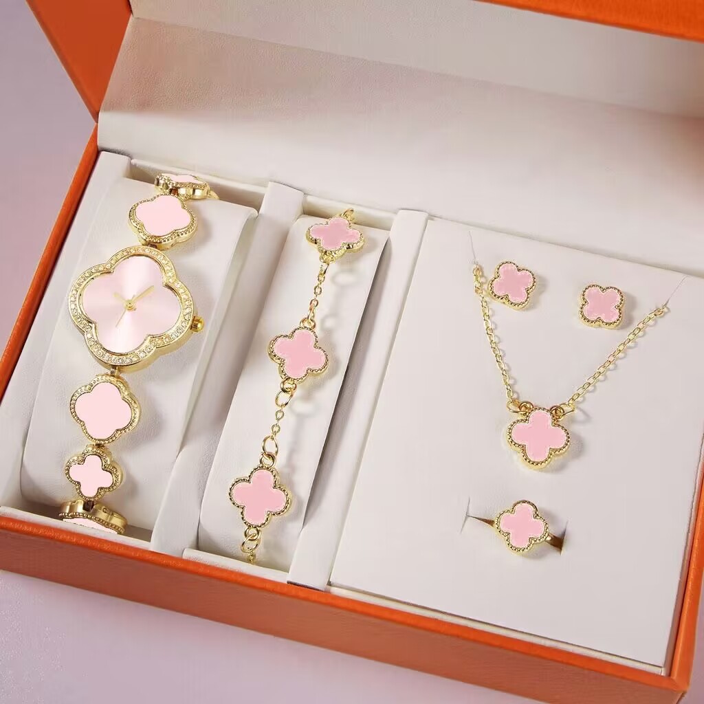 Classic 4 Four Leaf Clover Designer Jewelry Sets Shell Brass Copper Women Bracelet Earrings Necklace Watch Birthday Gift for women girlfriend 6color