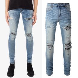 Jean en Denim coupe ajustée en détresse imprimé Patchwork extensible lavé pour