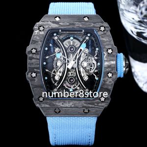 Classic 53-01 TPT Carbon Fiber Mens Watch Automatisch OpenWortered Dial Blue Sports polshorloge Saffier Crystal Waterdichte luxe horloges