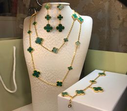Conjunto de joyería clásico de plata 925 con flores de cuatro hojas para mujer, collar de boda, pulsera, pendientes, anillo, concha de nácar verde, trébol 2602092