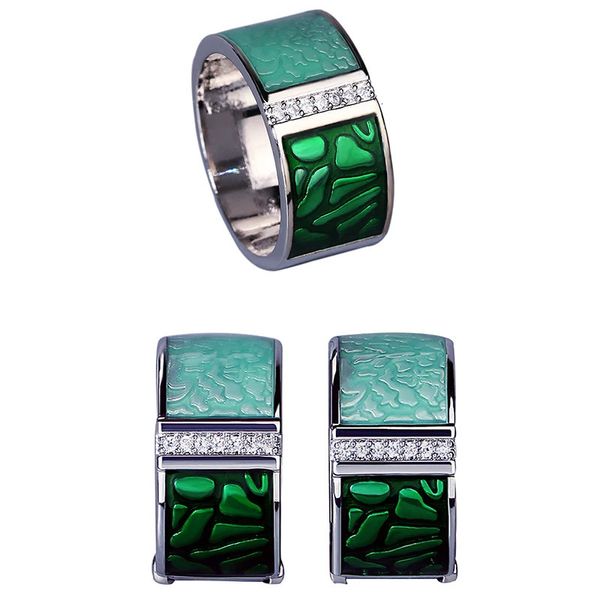 Classic 925 Bijoux en argent Ensemble pour femme Green Geometric Ring Collier à la main bijoux en émail