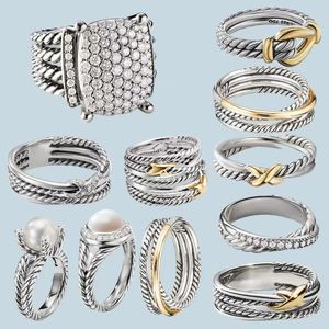 Klassieke 925 sterling zilver Retro David Fashion Senior Designer DY Merk Luxe Romantische Diamanten Ring met Tweekleurig Kruis Parel Dames Ring Sieraden Verjaardagscadeau