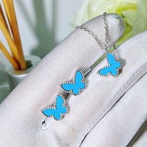 Klassieke 925 Sterling Silver Turquoise Mini Butterfly ketting Bracelet oorbellen Dames Elegante mode Hoogwaardige sieraden Set 240511
