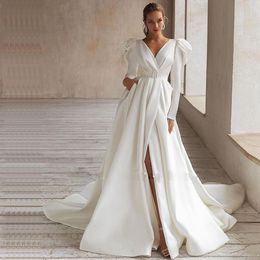 Klassiek een lijn trouwjurken met winkels met lange mouwen voorste split bruidsjurk strand mariage jurken Vestidos 326