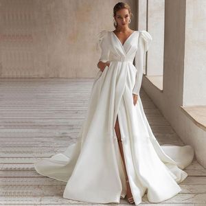 Classique une ligne robes de mariée avec ceintures manches longues avant fendu robe de mariée plage robes de Mariage robes 326 S S S s