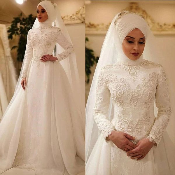 Classique Une Ligne Femmes Robe De Mariée Col Haut Manches Longues Robes De Mariée Musulmanes Dentelle Appliques Balayage Train Robe Sur Mesure vestidos de novia