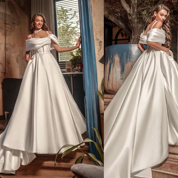 Vestido de novia clásico de una línea para mujer, vestidos de novia con tirantes finos y hombros descubiertos, vestido de tren de barrido con cordones de color sólido, vestidos de novia por encargo