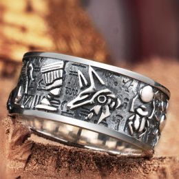 Klassieke oude Egyptische goden totem Anubis Wolf hoofd 14K witgouden ring mode mannen open ring vintage amulet sieraden