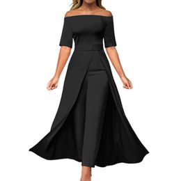 Klassieke en tijdloze dames elegante spleetdetail rechte poten jumpsuit gemaakt met comfortabele polyester stof in zwarte AST0812886