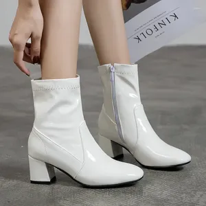 Classic Ankle for Women Boots Boots Noir 373 Blanc Bloc Low Talon Lowe Short Patent Cuir Chaussures Femme Automne hiver Large taille 354 56 86813