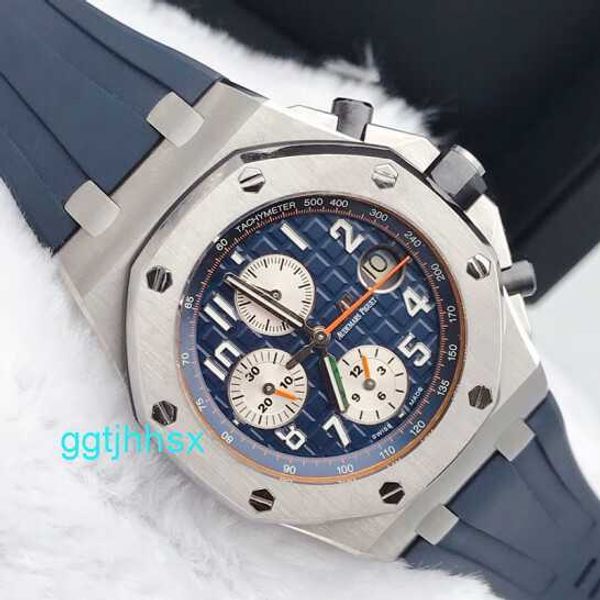 Reloj de pulsera AP clásico Serie Royal Oak Offshore Maquinaria automática de acero de precisión 42 mm Función de sincronización de fecha Reloj para hombres Placa azul 26470ST.OO.A027CA.01 Correa de caucho