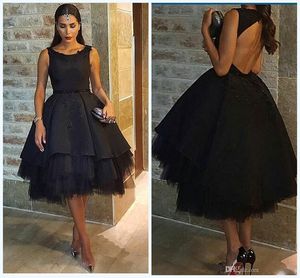 Classique Arabe Noir Robes De Bal Perlé Satin Tulle Jupon Robes De Bal De Bal Longueur Au Genou Creux Dos Sexy Robes De Soirée Tenue De Soirée