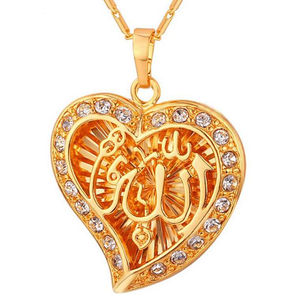 Classic Arabic Muslim Jewelry Wholesale Gold Color Crystal Hollow Heart Shape Colgantes de Moda Collares Para Las Mujeres
