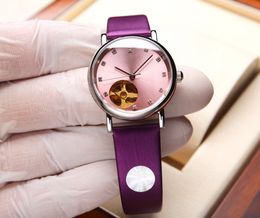 Klassieke automatische mechanische tourbillon horloges geometrisch paars lederen polshorloge voor vrouwen Sapphire klok 32mm waterdicht