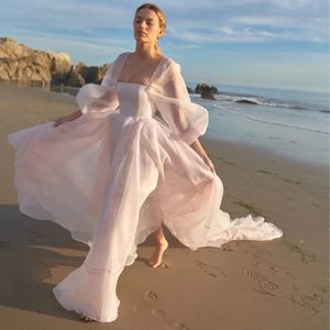 Vestido de novia clásico de playa para mujer 2024 Cuello cuadrado Puff Mangas largas Organza Una línea Vestidos de novia Fotografía Vestidos De Novias Robe De Mariee
