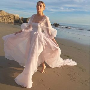 Klassieke Strand Vrouwen Trouwjurk 2024 Vierkante Hals Bladerdeeg Lange Mouwen Organza A-lijn Bruid Jurken Fotografie Vestidos De Novias Robe De Mariee