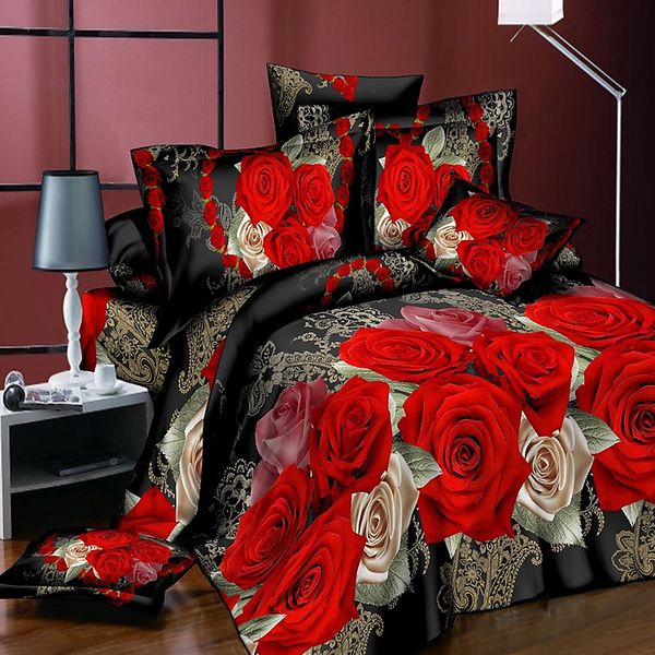 Juego de cama clásico estampado de flores rojas ropa de cama 4pcs / set funda nórdica conjunto Pastoral sábana lateral funda nórdica 2019 cama caliente Y200111