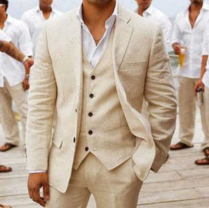 Classic Beige Lino Beach Hombres Trajes de Boda Trajes de Boda 3 Pieza Custom Hour Groom Mejor Hombre Partido de Prom Parche Set Slim Fit Chaqueta Chaleco Pantalones X0909